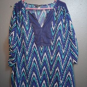 Sunique Spectrum Womens Blue Aztec Light Weight Long Sleeve blouse Size 3XL